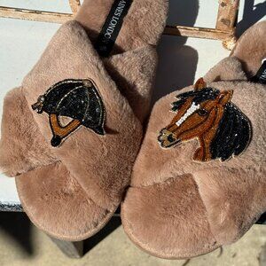 Classic Laines Slippers With Riding Helmet & Horse Brooches NWT